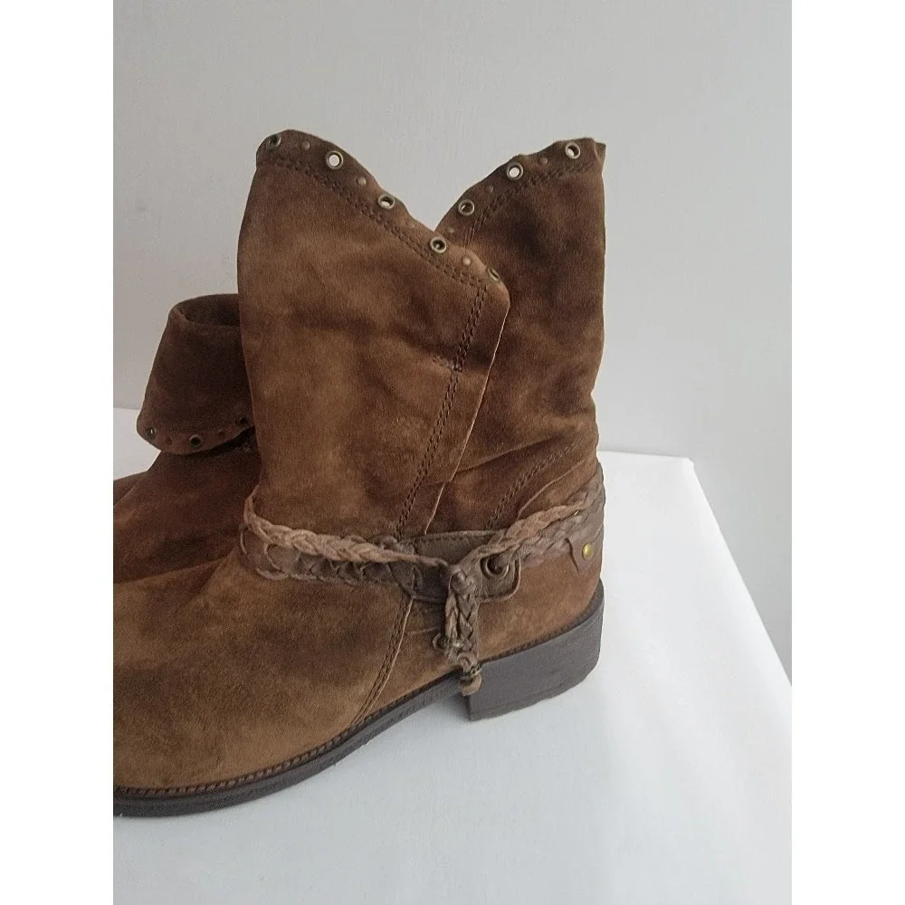 TRASK Suede Cuff Ankle‎ Boots Sz 10M Distressed Boho Rustic Brown